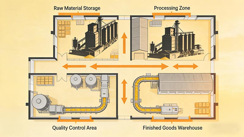 Optimized Maize Flour Plant Layout - Linear Flow & Vertical Space Utilization